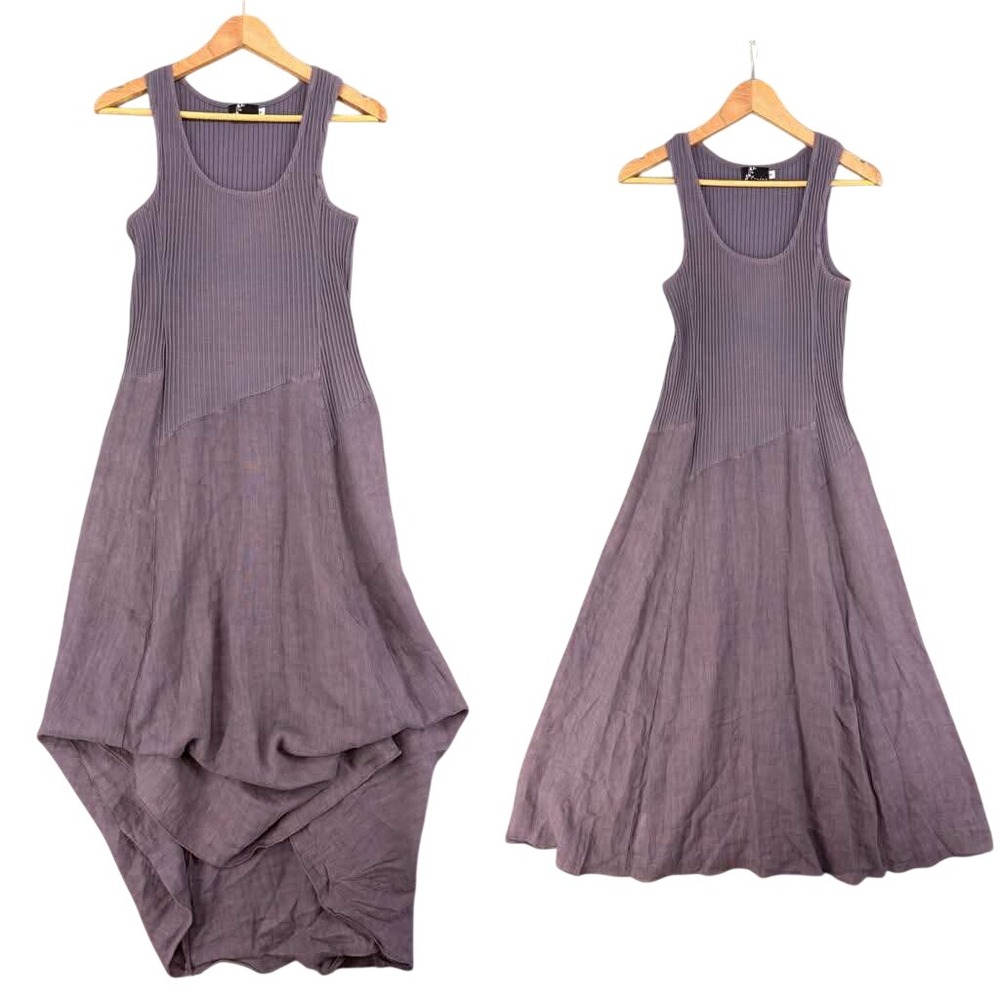Fenini Linen Lagenlook Maxi Dress Small Ribbed Asymmetrical Peasant Minimalist